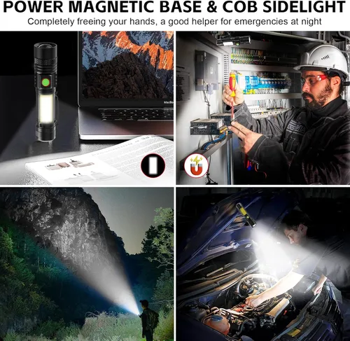 Miniatura 2 de ATDOALL Linterna LED recargable, linternas magnéticas USB con luz lateral de mazorca, pequeñas linternas tácticas, impermeable, zoomable, luz
