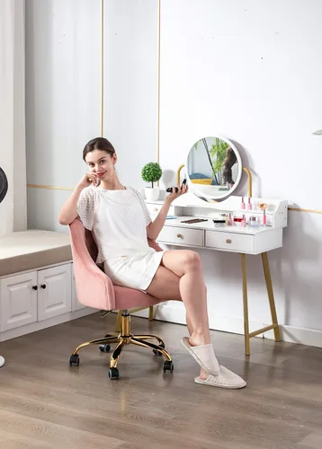 Miniatura 4 de Cómoda silla de trabajo para la oficina en casa con ruedas, bonita y moderna tapizada de terciopelo con respaldo de concha, silla de escritorio Rosa