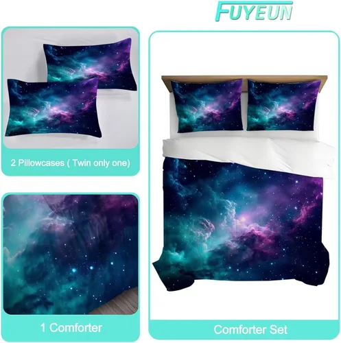 Miniatura 2 de Juego de edredón de galaxia azul, tamaño individual, ropa de cama espacial para niños, niñas, adolescentes, decoración de dormitorio, luna, nube
