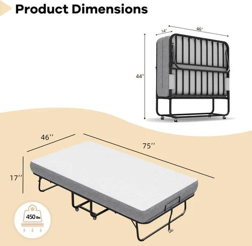 Miniatura 3 de Espsilto Cama plegable grande con colchón, cama plegable de 75 x 46 pulgadas para invitados, extra ancha y cómoda para dormir