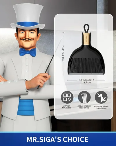 Miniatura 2 de MR.SIGA Juego de mini recogedor y cepillo, cepillo de limpieza portátil y recogedor combinado con mango de bambú, negro, 1 juego