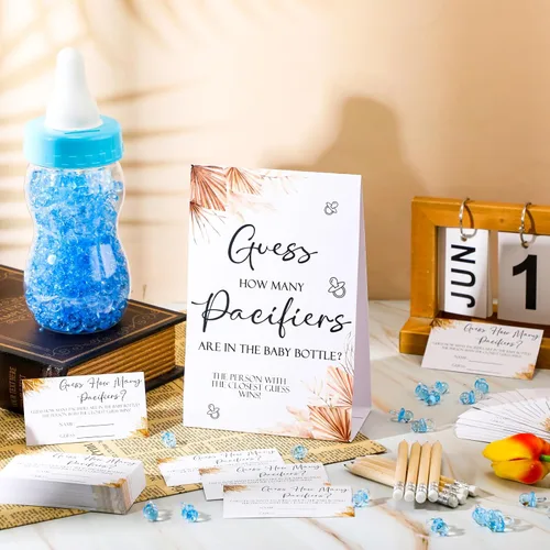 Miniatura 6 de Roowest 512 piezas de juegos de baby shower Cartel de Adivina Cuántos Chupetes 100 pequeños juegos de adivinanzas, 10 lápices HB, botella de leche