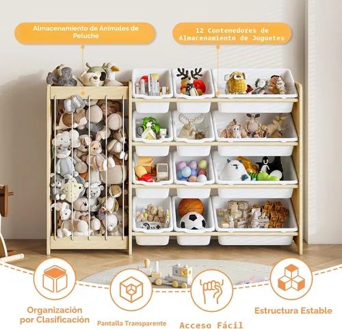 Miniatura 5 de EXPERLAM Organizador de almacenamiento de juguetes para niños, 2 en 1 almacenamiento de animales de peluche y organizador de juguetes con 12 Blanco