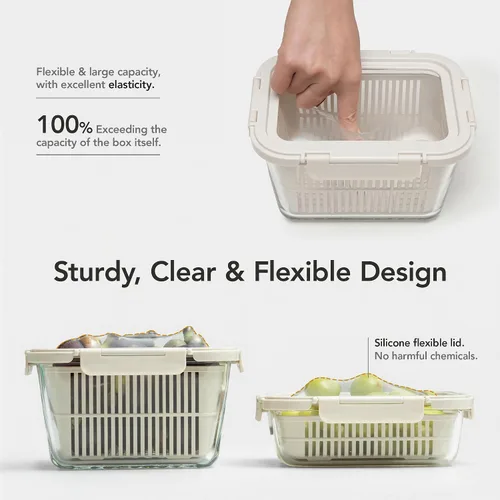 Miniatura 2 de GENICOOK Contenedores de almacenamiento de vidrio para refrigerador, paquete de 2 – Recipientes herméticos para frutas y verduras con coladores