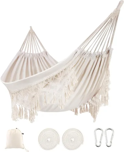 Hamaca de interior con flecos de macramé para 2 personas, hamacas dobles bohemias con borlas, columpio portátil de cuerda de algodón hamaca con