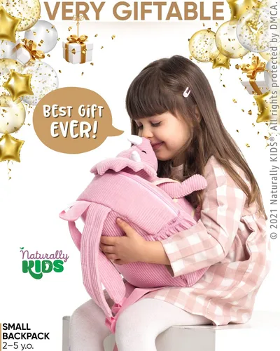 Miniatura 2 de Naturally KIDS Mochila para niños y niñas con animales de peluche, regalos para niños de 3, 4, 5, 6, 7 años, 04 Small Pink Triceratops, Viajar
