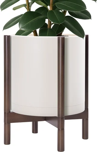 Miniatura 49 de Maceta de D'vine Dev con soporte - Maceta de flores de cilindro de plástico de 8.0 pulgadas con soporte de madera para interiores, maceta mate negra