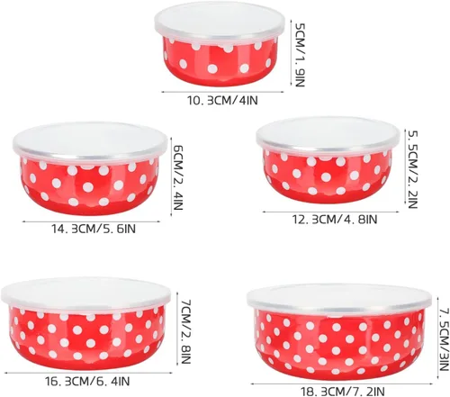 Miniatura 5 de Hemoton Juego de 5 cuencos para mezclar con tapas, revestimiento esmaltado, apilables, para ensalada, pasta, pastel, galletas, cereales, sopa