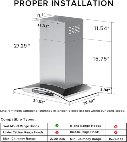 Miniatura 6 de HisoHu Campana extractora para montaje en pared de 30 pulgadas, vidrio curvo, campana de cocina inoxidable de 780 CFM, con filtros de malla de acero