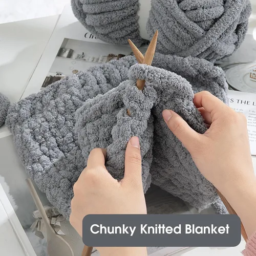 Miniatura 5 de HOMBYS Hilo de Chenilla Gris Grueso para Tejer a Mano, Hilo Jumbo Suave y Esponjoso para Crochet, Hilo Súper Voluminoso Grande para Manta Gruesa