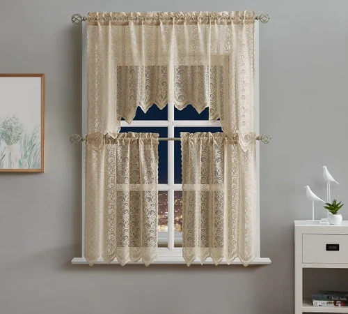 Warm Home Designs El paquete de 3 cortinas de lino dorado para ventana de cocina incluye 2 niveles de 24 pulgadas y cenefa con festón. Juego de