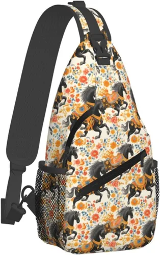 Small Crossbody Bags for Women Men - Vintage Flowers Horse Black Print Adjustable Shoulder Bag Fanny Packs Belt Sling Bag Crossbody Purses Backpack