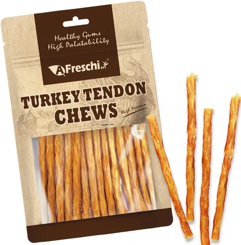Miniatura 8 de AFreschi Tendones de Pavo para Perros, de Origen Estadounidense, Golosinas Saludables para Perros, Masticables para Cachorros Sin Cuero Crudo