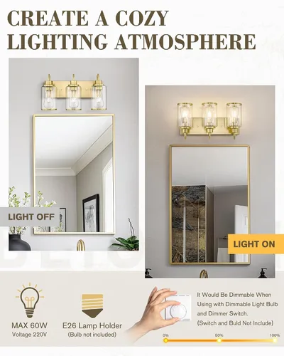 Miniatura 4 de Beionxii BX-VL01BG-3CG - Lámpara de tocador de baño, 3 lámparas doradas claras con pantalla de cristal transparente, accesorios de iluminación