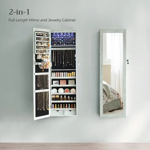 Miniatura 29 de Songmics - UJJC93W - Armario para joyas que se puede cerrar con llave, de montaje en pared o puerta, con espejo de 6 luces LED, para organización