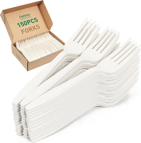 Tenedor 100% compostable, 7 pulgadas, 150 tenedores desechables de almidón de maíz, cubiertos resistentes con certificación BPI, utensilios