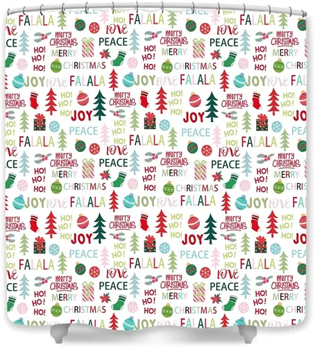 JAWO Cortina de ducha colorida de Navidad para el baño de los niños, decoración de baño de pino colgante de bola de Navidad, decoración de baño de