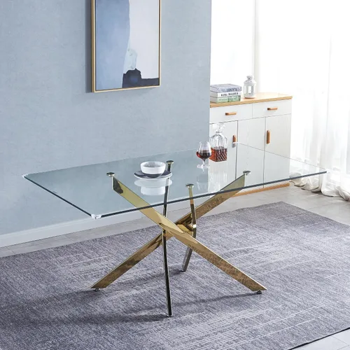 Miniatura 8 de Juego de mesa de comedor de cristal para 4, juego de mesa de cocina redonda dorada de 5 piezas con 4 sillas tapizadas negras, mesa de comedor