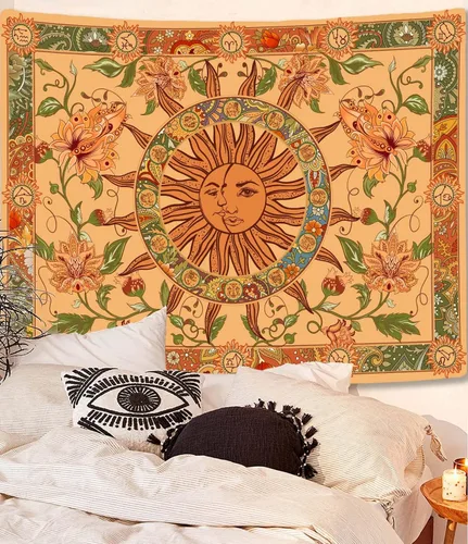 Miniatura 3 de Tapiz amarillo con sol y luna, vintage, bohemio, para colgar en la pared con girasoles, mariposa, polilla, constelación, tapices de pared