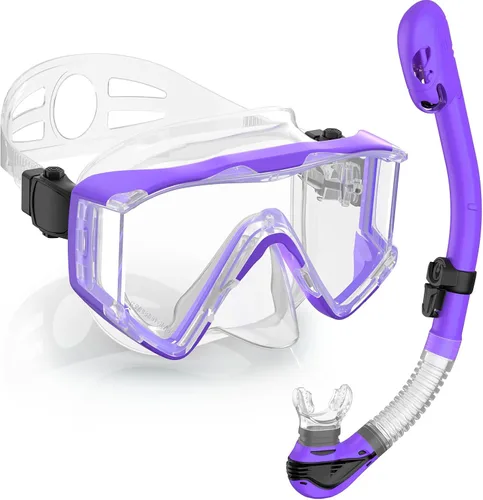Miniatura 16 de Greatever Juego de esnórquel Pano de 3 ventanas para adultos, vista panorámica amplia, máscara de buceo antivaho, antifugas, gafas de esnórquel