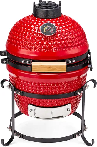 ROVSUN Parrilla de Carbón de Cerámica Esférica Roja de 13 Pulgadas con Forro Interior, Ahumador BBQ Portátil para Cocinar al Aire Libre, Acampar y