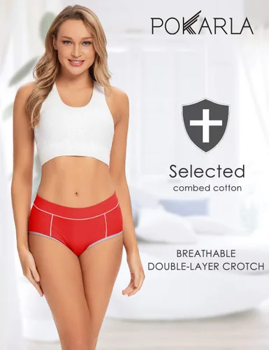 Miniatura 2 de POKARLA - Ropa interior elástica de algodón para mujer, pantaletas de cintura media-alta, paquete de 5