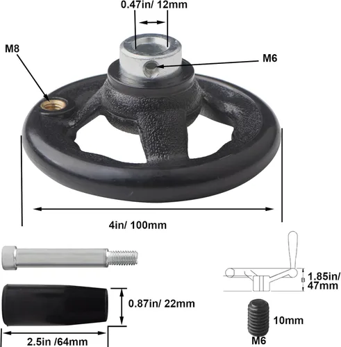 Miniatura 2 de Jingzan Paquete de 2 ruedas de mano redondas de 0.47 x 4 pulgadas de diámetro, mango giratorio de tres radios W para torno de manivela de molino