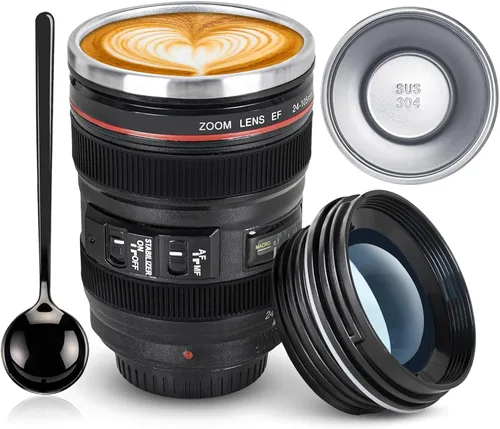 Taza de café con lente de cámara, a prueba de fugas, 13.5 onzas, SUS-304, taza de viaje de acero inoxidable con cuchara, sin BPA, tapa para Negro