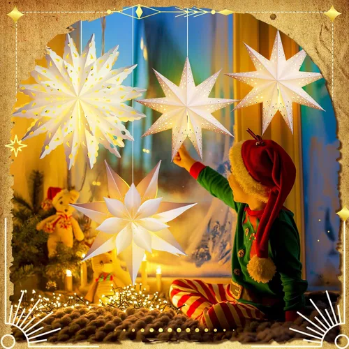Miniatura 3 de Watersay Paquete de 6 Faroles de Papel de Copo de Nieve de Navidad Faroles de Papel de Estrella de Navidad con 6 Luces LED Blancas Ornamentos