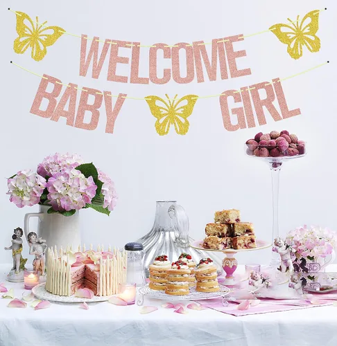 Miniatura 4 de Cartel de bienvenida para niña, decoración de fiesta de baby shower con temática de mariposa, letrero de "It's a Girl", suministros para fiesta