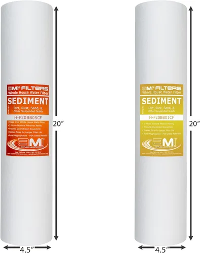 Miniatura 3 de Applied Membranes Inc. Sistema de filtro de agua de 2 etapas para toda la casa, filtros de 1 micrón y 5 micrones de 4.5 pulgadas por 20 pulgadas