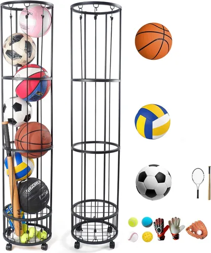 Estante de almacenamiento de bolas mejorado con soporte de bola inferior pequeño, 3 cordones elásticos ajustables, organizador de equipo deportivo,