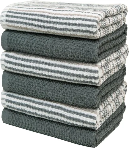 Miniatura 4 de Toallas de cocina de 16 x 26 pulgadas, paquete de 6 paños de cocina grandes de algodón, diseño de rayas de palomitas de maíz, 430 GSM, altamente Gris