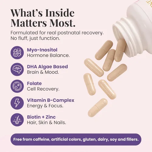 Miniatura 4 de Align & Shine - Vitaminas posnatales para mujeres, DHA, hierro, folato, vitamina B12 y mio-inositol, recuperación posparto, amigable