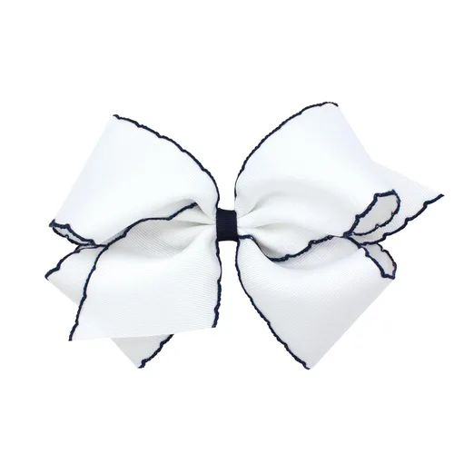 Miniatura 36 de Wee Ones - Lazo clásico de grogrén con borde de puntadas lunares para niñas, con clip para cabello WeeStay, borde en contraste, King, blanco