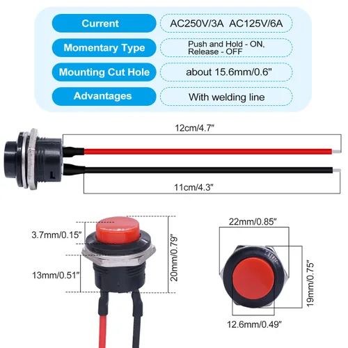 Miniatura 3 de Twidec/6 piezas de interruptores de botón momentáneo SPST AC250V/3A AC125V/6A mini apagado(encendido) en negro + rojo con cables presoldados Negro