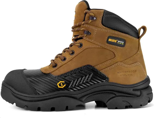 Miniatura 7 de Jacata Botas de trabajo impermeables de cuero con punta suave/de acero para hombre, resistentes al aceite/antideslizantes de 6 pulgadas con suela
