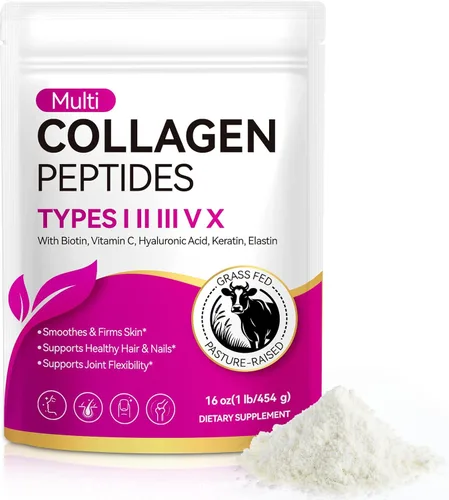 Péptidos de colágeno en polvo, multi tipo I II III V X con ácido hialurónico, biotina y vitamina C, proteína hidrolizada sin sabor, colágeno para