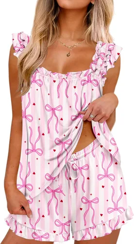 Miniatura 15 de Ekouaer Conjunto de pijama para mujer, conjunto de 2 piezas con volantes, camiseta sin mangas suave y pantalones cortos, conjunto de pijama de novia
