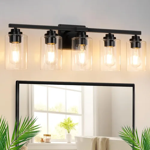 Lámparas de baño de 5 luces negras mate, lámpara de tocador moderna de 31 pulgadas para baño, luces de tocador de baño sobre espejo con pantallas de