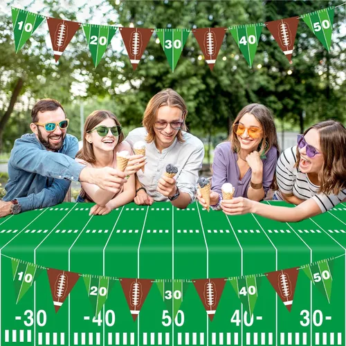 Miniatura 7 de Qyeahkj Suministros para fiestas de fútbol, juego de mantel de rugby, juego de pancartas para mesa de campo de fútbol, incluye banderín de papel