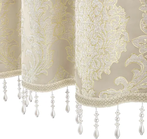 Miniatura 4 de Loom and Mill Cenefas de jacquard de lujo para ventana de sala de estar, elegante cenefa de cortina de damasco beige con ribete de cuentas, cortina