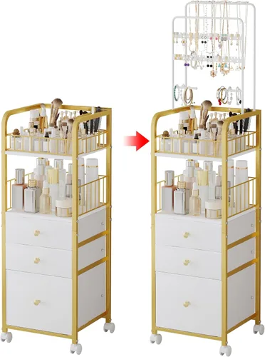 Carrito organizador de maquillaje con 3 cajones, organizadores de joyas y almacenamiento para collar de aretes, organizador de almacenamiento grande