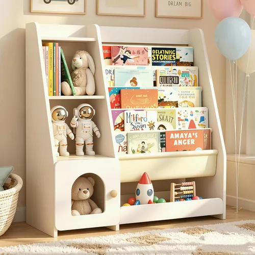 Miniatura 12 de FKWin Estantería infantil 2 en 1 y almacenamiento de juguetes de 5 niveles con carrito rodante, almacenamiento oculto para guardería, sala