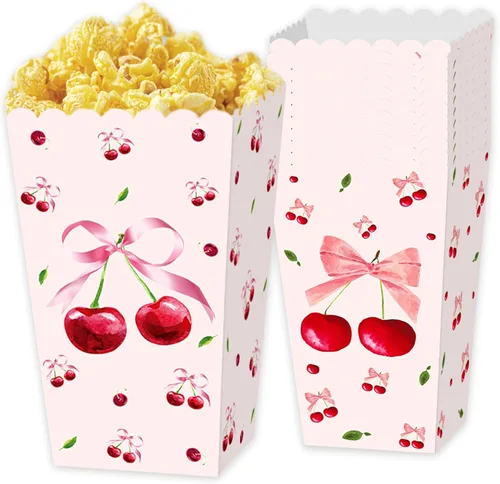 Cajas de palomitas de maíz de cereza rosa, bolsas de regalo de cereza y lazos, 12 unidades, cereza en la parte superior, cajas de dulces, decoración
