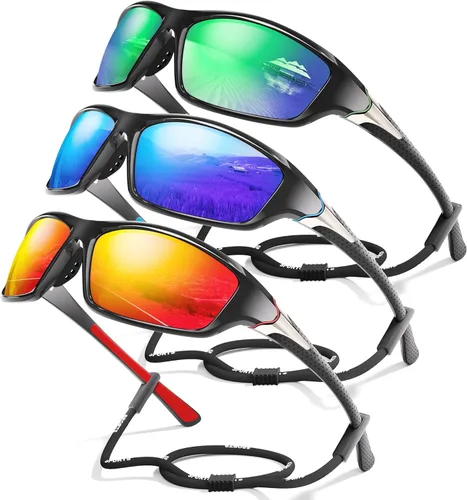 Miniatura 16 de Paquete de 3 lentes de sol deportivos polarizados para hombres, gafas de sol masculinas envolventes con protección UV para ciclismo, pesca