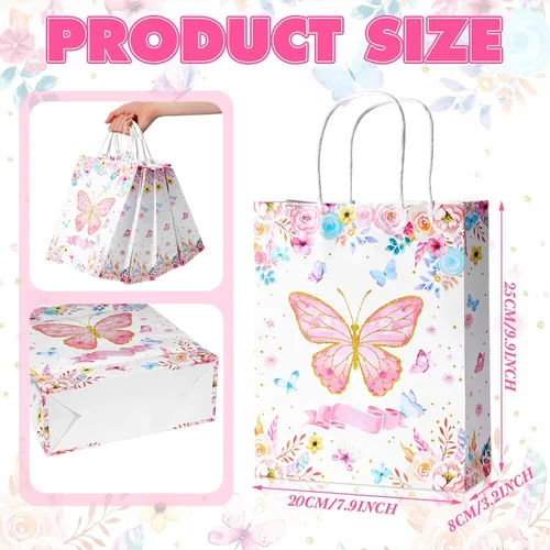 Miniatura 2 de Nezyo 24 bolsas de regalo de mariposa para fiesta, 8 x 10 pulgadas, bolsas de dulces con texto en inglés "Thank You for Fluttering", bolsa de papel