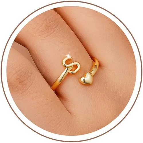 Miniatura 20 de M MOOHAM Anillos de oro para mujeres y niñas – Anillos iniciales con placa de oro de 14 quilates para mujer, no se deslustra, letra A-Z, delicado