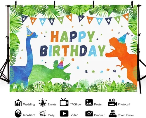 Miniatura 2 de AIBIIN Fondo de cumpleaños de dinosaurios de 7 x 5 pies para niños y niñas, dinosaurios, plantas del bosque, banderas, fondo de fotografía