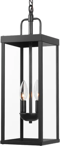Lámpara colgante grande para exteriores para porche delantero, 20 pulgadas, 2 luces, lámpara colgante exterior negra con vidrio transparente,